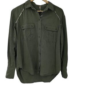 Free People Button Front Green Shirt Size S Off Campus Moss Metallic Pockets